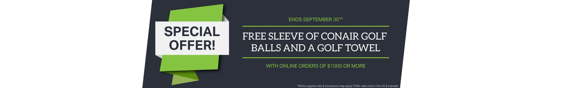 “Parts Promo, free sleeve of conair golf balls and towel with online orders of $1000 or more